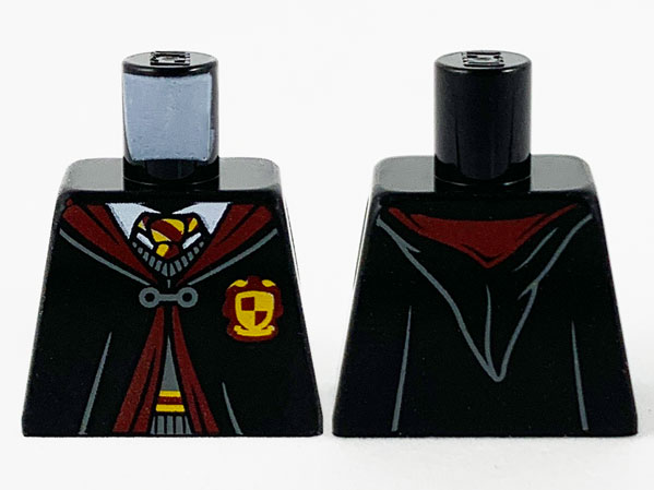Lego Torso Hogwarts Robe Clasped over Dark Bluish Gray Sweater, Dark Red and Bright Light Orange Tie and Trim Pattern / Black