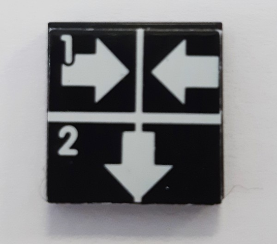 Lego Tile 2 x 2 with White Number 1, Number 2, Crossed Lines, and Arrows Right, Left, Down Pattern (Sticker) - Set 8094