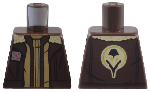 Lego Torso SW Aviator Jacket Open with Tan Fur Collar, Dark Tan Trim, and Silver Square Badge over Ribbed Shirt, The Ghost Crew Insignia on Back Pattern / Dark Brown