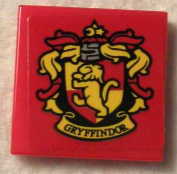 Lego Tile 2 x 2 with HP 'GRYFFINDOR' House Crest on Red Background Pattern (Sticker) - Set 75956