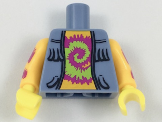 Lego Torso Vest Open with Fringe over Bright Light Orange Shirt with Lime and Magenta Tie-Dyed Swirl Pattern / Bright Light Orange Arms with Magenta Tie-Dyed Stripes Pattern / Yellow Hands