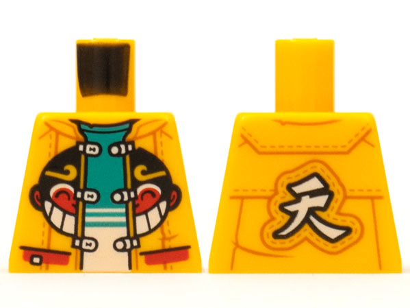 Lego Torso Jacket with Monkie Kid Logo, Dark Turquoise and White Shirt, Chinese Logogram '天' (Sky) Pattern / Bright Light Orange