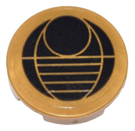 Lego Tile, Round 2 x 2 with Bottom Stud Holder with Bionicle Bohrok Symbol of Circle, Oval, and Lines on Transparent Background Pattern (Sticker) - Set 80036 / Pearl Gold