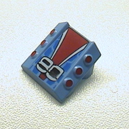 Lego Brick Sloped 2 x 2 No Studs, with 3 Side Pistons Raised Edges and '80', Red/White/Black/Blue Print / Medium Blue