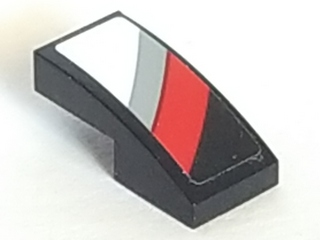 Lego Slope, Curved 2 x 1 x 2/3 with Light Bluish Gray, Red and White Diagonal Stripes on Black Background Pattern Model Left Side (Sticker) - Set 75887