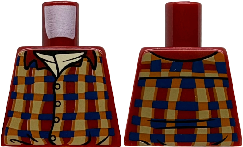 Lego Torso Dark Tan, Dark Blue and Dark Orange Plaid Shirt with Collar and Buttons, Tan Undershirt Pattern / Dark Red