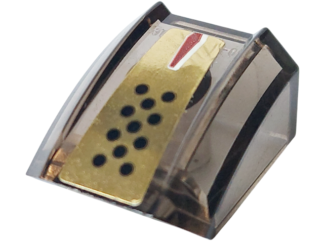 Lego Slope, Curved 2 x 2 Lip with Black Dots and Dark Red Stripe on Gold Background Pattern (Sticker) - Set 7714