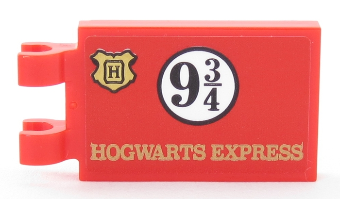 Lego Tile, Modified 2 x 3 with 2 Clips with Gold Hogwarts Logo and 'HOGWARTS EXPRESS', Black '9 3/4' in White Circle Pattern (Sticker) - Set 75955