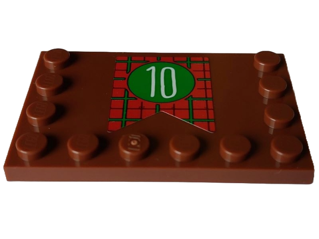 Lego Tile, Modified 4 x 6 with Studs on Edges with White Number 10 in Circle on Red and Green Tartan Banner Pattern (Sticker) - Set 4002023 / Reddish Brown