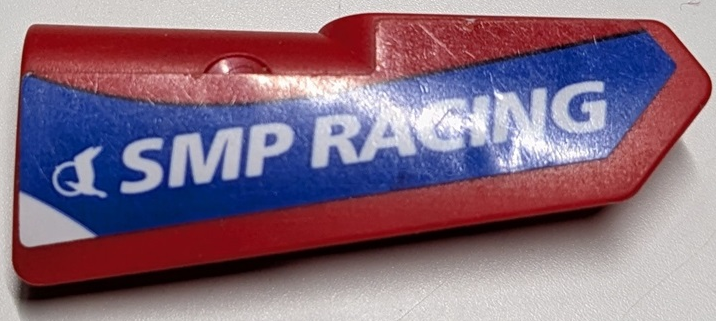 Lego Technic, Panel Fairing #21 Very Small Smooth, Side B with White 'SMP RACING' on Blue Stripe Pattern (Sticker) - Set 42125 / Red