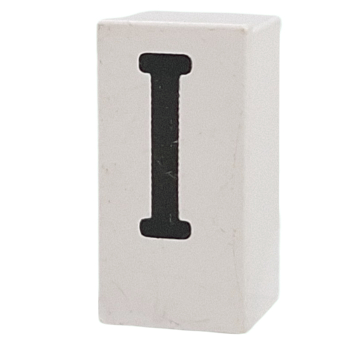 Lego Tile Special 1 x 2 x 5/6 with Stud Hole in End with 'I' Print / White