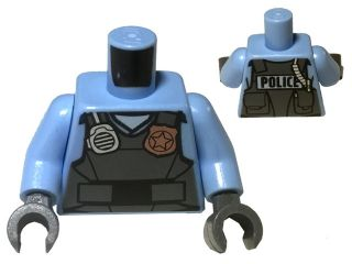 Lego Torso Police Shirt with Dark Bluish Gray Vest, Gold Badge, Radio and 'POLICE' Pattern on Back / Bright Light Blue Arms / Dark Bluish Gray Hands