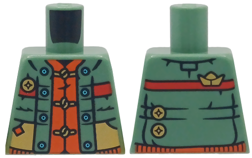Lego Torso Sweater with Bright Light Blue Buttons, Red Stripe, Gold Pockets and Pins over Reddish Orange Tang Jacket Pattern / Sand Green