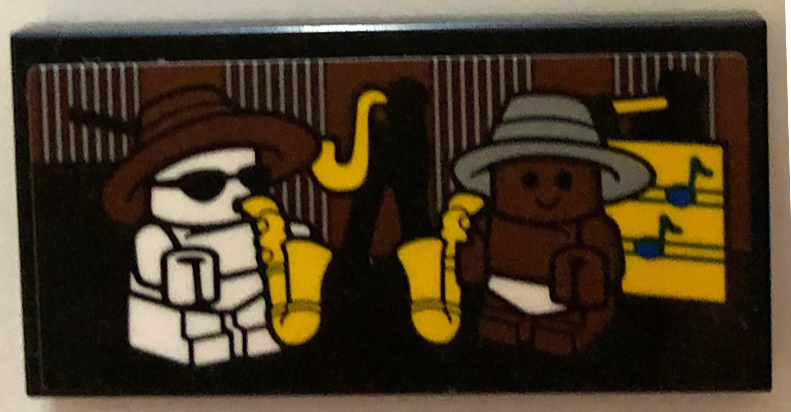 Lego Tile 2 x 4 with 2 Baby Minifigures with Hats Playing Saxophones Pattern (Sticker) - Set 21336 / Black