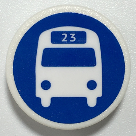 Lego Road Sign 2 x 2 Round with Clip with White Bus Silhouette with '23' on Blue Background Pattern (Sticker) - Set 70425