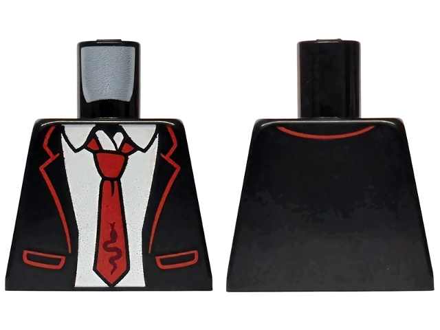 Lego Torso Suit Jacket Open with Pockets, White Shirt, Red Tie with Dark Red Snake Pattern / Black