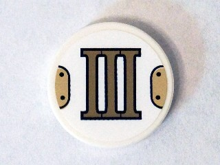 Lego Tile, Round 2 x 2 with Bottom Stud Holder with Gold Roman Numeral 3 'III' Pattern (Sticker) - Set 75904 / White