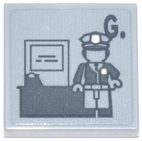 Lego Tile 2 x 2 with Dark Bluish Gray Police Officer Renee Montoya Minifigure with 'G.', Desk and White Badges Pattern (Sticker) - Set 76271 / Light Bluish Gray