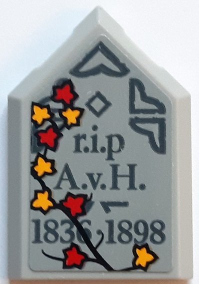 Lego Tile, Modified 2 x 3 Pentagonal with Tombstone, Dark Bluish Gray 'r.i.p A.v.H. 1836-1898' and Leaves Pattern (Sticker) - Set 910049 / Light Bluish Gray