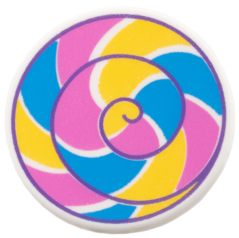 Lego Road Sign 2 x 2 Round with Clip with Dark Azure, Dark Pink, Bright Light Orange Striped Spiral Pattern / White
