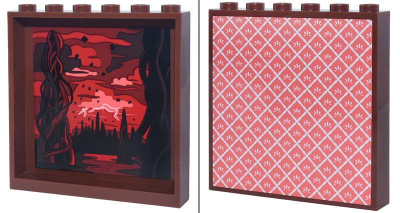 Lego Panel 1 x 6 x 5 with Coral and White Wallpaper, Landscape with Black Vines, Red and Coral Sky and Clouds, Lightning on Inside Pattern (Stickers) - Set 11370 / Reddish Brown