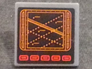 Lego Road Sign 2 x 2 Square with Open O Clip with Computer Screen with Dark Orange Dotted Lines and Red Buttons Pattern (Sticker) - Set 76023 / Dark Bluish Gray