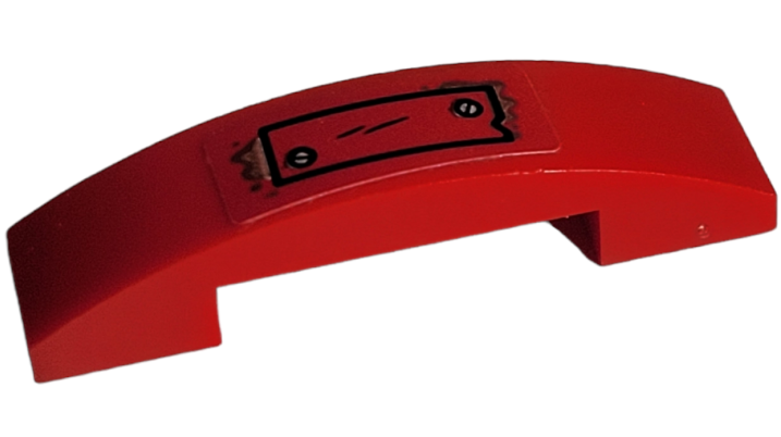 Lego Slope, Curved 4 x 1 x 2/3 Double with Red Metal Plate with 2 Silver Screws Pattern (Sticker) - Set 76054