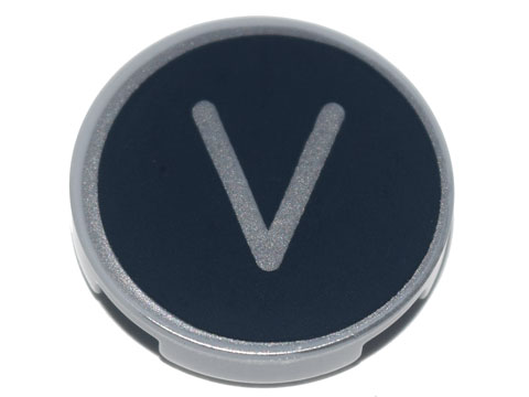 Lego Tile, Round 2 x 2 with Bottom Stud Holder with Silver Capital Letter V on Black Background Pattern