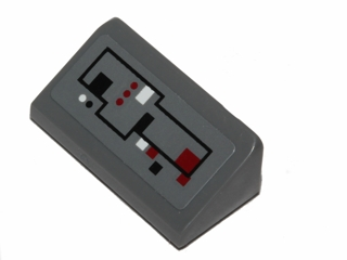 Lego Slope 30 1 x 2 x 2/3 with Control Panel with Black, Red and White Circuitry with Lines, Dots and Squares Pattern 2 (Sticker) - Undetermined Pattern / Dark Bluish Gray