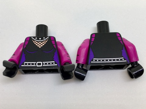 Lego Torso Batman Female Outline with Fishnet Inset, Silver Studded Collar and Belt Pattern / Magenta Arms with Black Stripes Pattern / Black Hands