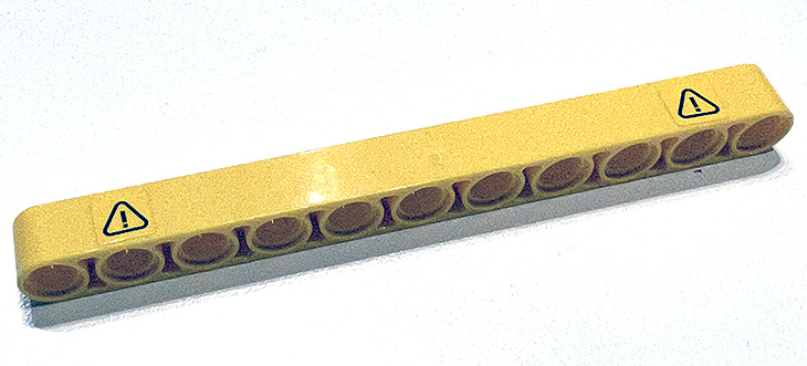 Lego Technic, Liftarm Thick 1 x 11 with Exclamation Mark in Warning Triangle Pattern on Both Ends (Stickers) - Set 42097 / Yellow