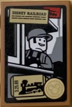 Lego Tile 2 x 3 with Disney Railroad Train Poster with Minifigure and Ticket Pattern (Sticker) - Set 71044 / Medium Nougat