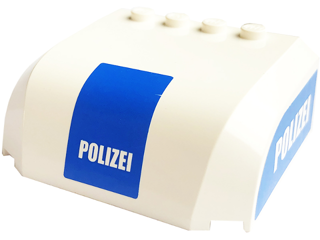 Lego Windscreen 5 x 6 x 2 Curved Top Canopy with 4 Studs with White 'POLIZEI' on Blue Pattern on Front and Both Sides (Stickers) - Set 7743 / White