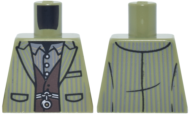 Lego Torso Suit Jacket Open, Dark Bluish Gray Pinstripes, Dark Brown Vest, Silver Waistcoat Chain over Striped Shirt with Collar Pattern