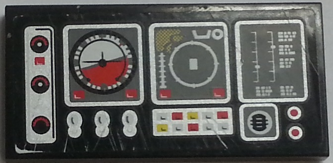 Lego Tile 2 x 4 with Airplane Gauges and Buttons on Black Background Pattern Model Left Side (Sticker) - Set 9396 / Black