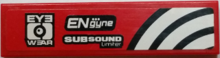 Lego Tile 1 x 4 with 'EYE WEAR', 'ENgyne', 'SUBSOUND Limiter' and White and Black Curved Lines Pattern Model Right Side (Sticker) - Set 8182 / Red