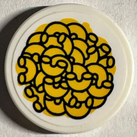 Lego Tile, Round 2 x 2 with Bottom Stud Holder with Yellow Macaroni Cheese Pattern (Sticker) - Set 21330