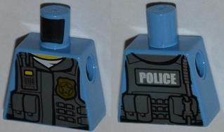 Lego Torso Police Shirt with Dark Bluish Gray Vest, Gold Badge, Radio, White Undershirt and White 'POLICE' Pattern on Back / Medium Blue