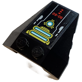 Lego Wedge 4 x 4 Triple with Stud Notches with Gold Armor, Medium Azure Lights, Red Triangles and '28-06' Pattern Model Right Side (Sticker) - Set 71765 / Black