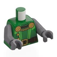 Lego Torso, Dark Brown Belt, Gold Buckle, Shields with Chain, Bright Light Green Trim Print, Flat Silver Arms and Hands / Green