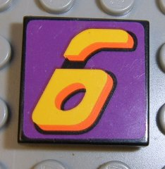 Lego Tile 2 x 2 with Number  6 Yellow on Purple Background Pattern (Sticker) - Set 8257 / Black