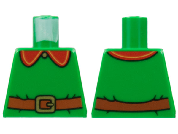 Lego Torso Red Collar with Gold Trim, Button, Buckle, Reddish Brown Belt Pattern / Green