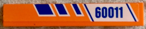 Lego Tile 1 x 6 with Blue Stripes and '60011' on White and Orange Background Pattern Model Left Side (Sticker) - Set 60011