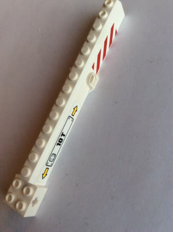 Lego Crane Arm Outside, Wide with Pin Hole at Mid-Point with '10T' and Yellow Arrows on Right Side and Red and White Danger Stripes Pattern on Both Sides (Stickers) - Set 60169 / White
