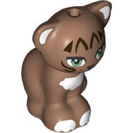 Lego Animal, Cat, Sitting with Dark Brown Stripes, White Chest, Ears print / Medium Brown