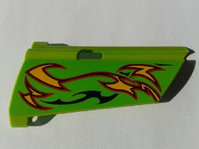 Lego Technic, Panel Fairing #20 Large Long, Small Hole, Side A with Orange and Red Flames on Lime Background Pattern (Sticker) - Set 8649 / Lime