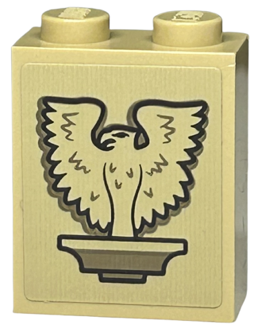 Lego Brick 1 x 2 x 2 with Inside Stud Holder with Phoenix Bird Gargoyle with Dark Tan Feathers and Spread Wings Pattern (Sticker) - Set 76413 / Tan