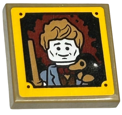 Lego Tile, Modified 2 x 2 Inverted with Newt Scamander Minifigure Portrait with Wand and Niffler in Bright Light Orange Frame Pattern (Sticker) - Set 76412 / Dark Tan