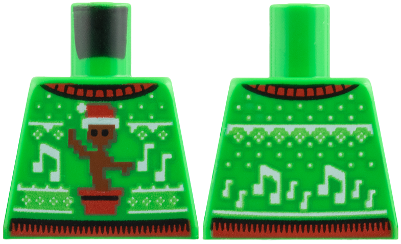 Lego Torso Knit Fair Isle Holiday Sweater with Reddish Brown Baby Groot Wearing Red Santa Hat and White Music Notes Pattern / Bright Green