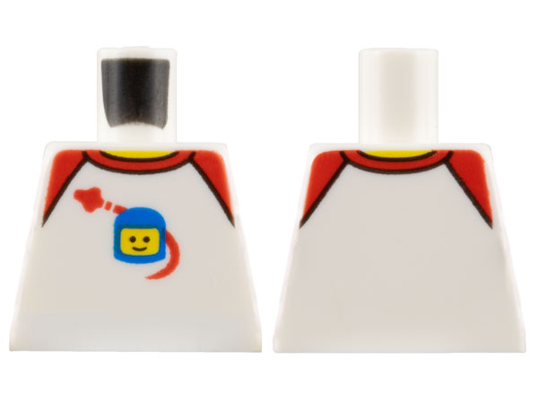 Lego Torso Shirt with Red Collar and Shoulders, Spaceship Orbiting Classic Space Helmet Pattern / White